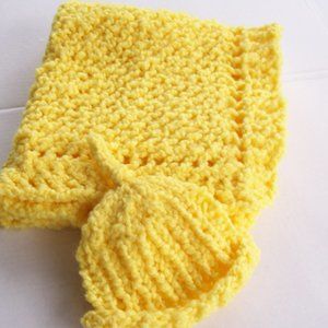 Baby Blanket Hat Set Hand Crafted Yellow Chunky Knit Swaddle Napper Colorful